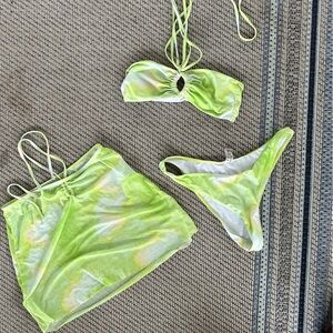 3 piece tie dye bathing suit set with cover up mesh skirt